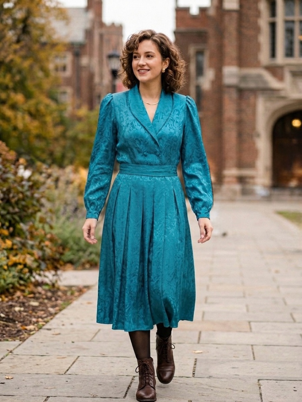 Vintage 80s Teal Floral Jacquard Secretary Dress S/M